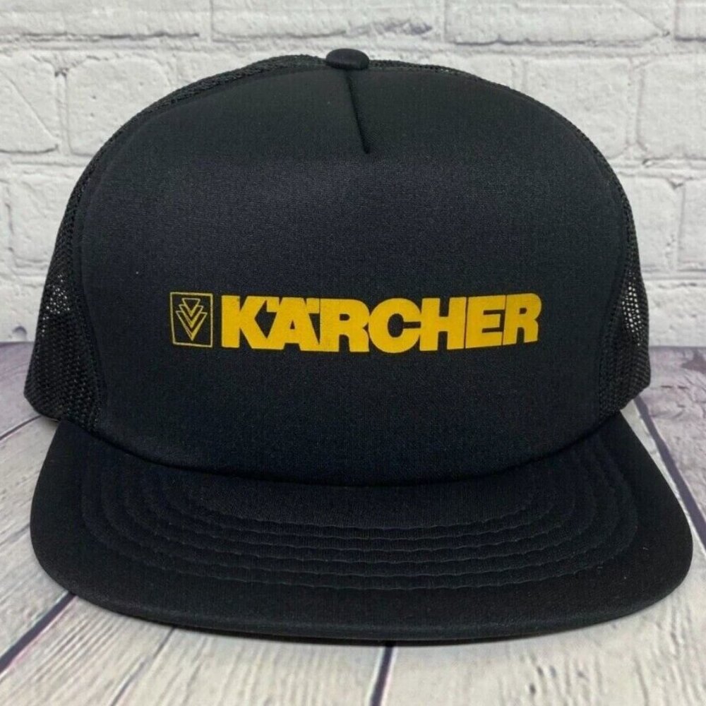 Vintage K'A'RCHER Trucker Hat Mesh Cap Adjustable Snapback Print Logo Black